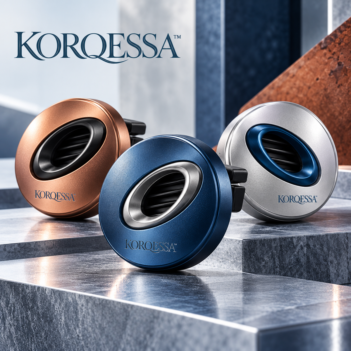 KORQESSA™ Orven Car Air Freshener Vent Clip — Sculptural Metal Fragrance Diffuser with Replaceable Solid Scent Inserts