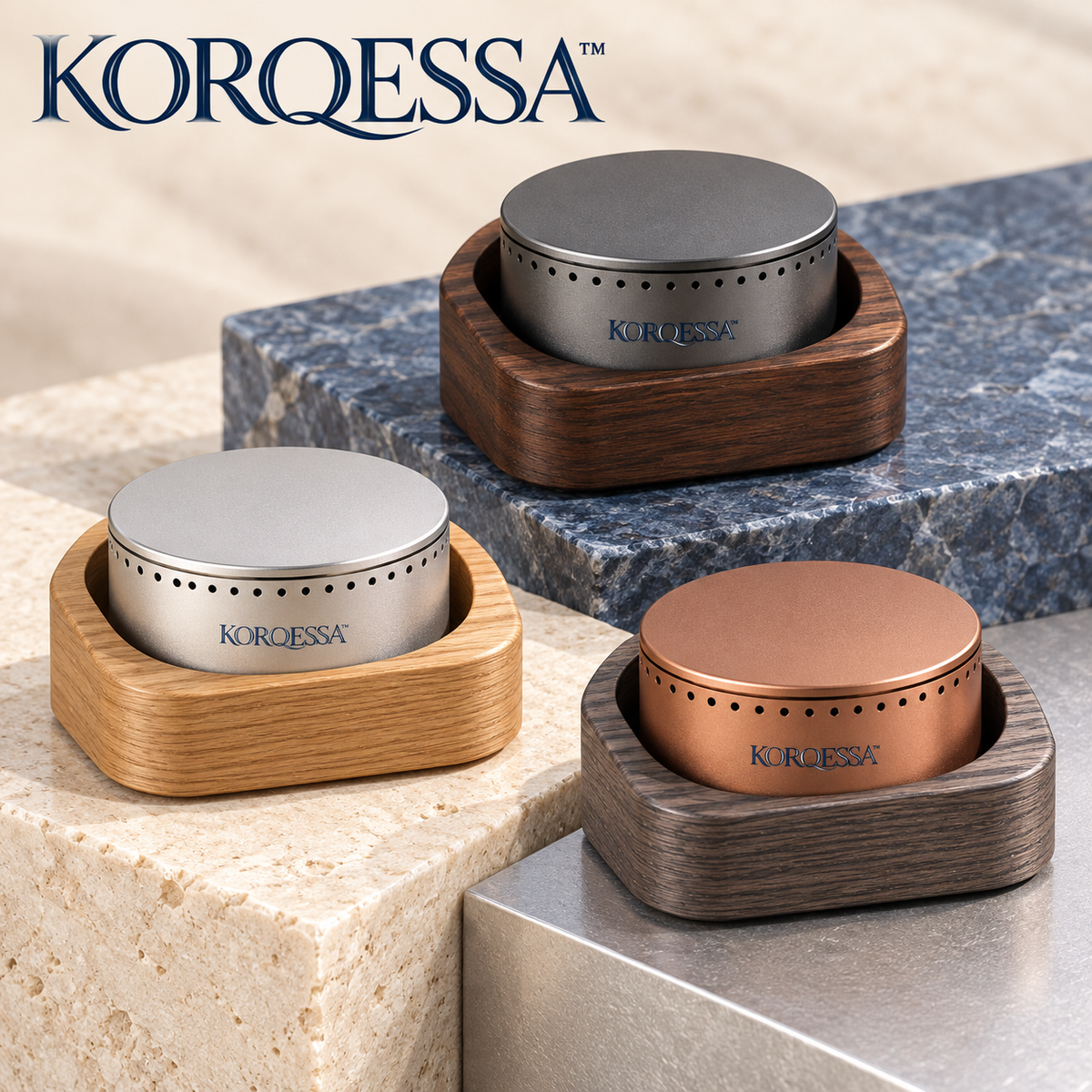 KORQESSA™ Sovrel Car Fragrance Set — Sculptural Metal Pod with Wood Accent Dock, Replaceable Scent Inserts and Storage Pouch
