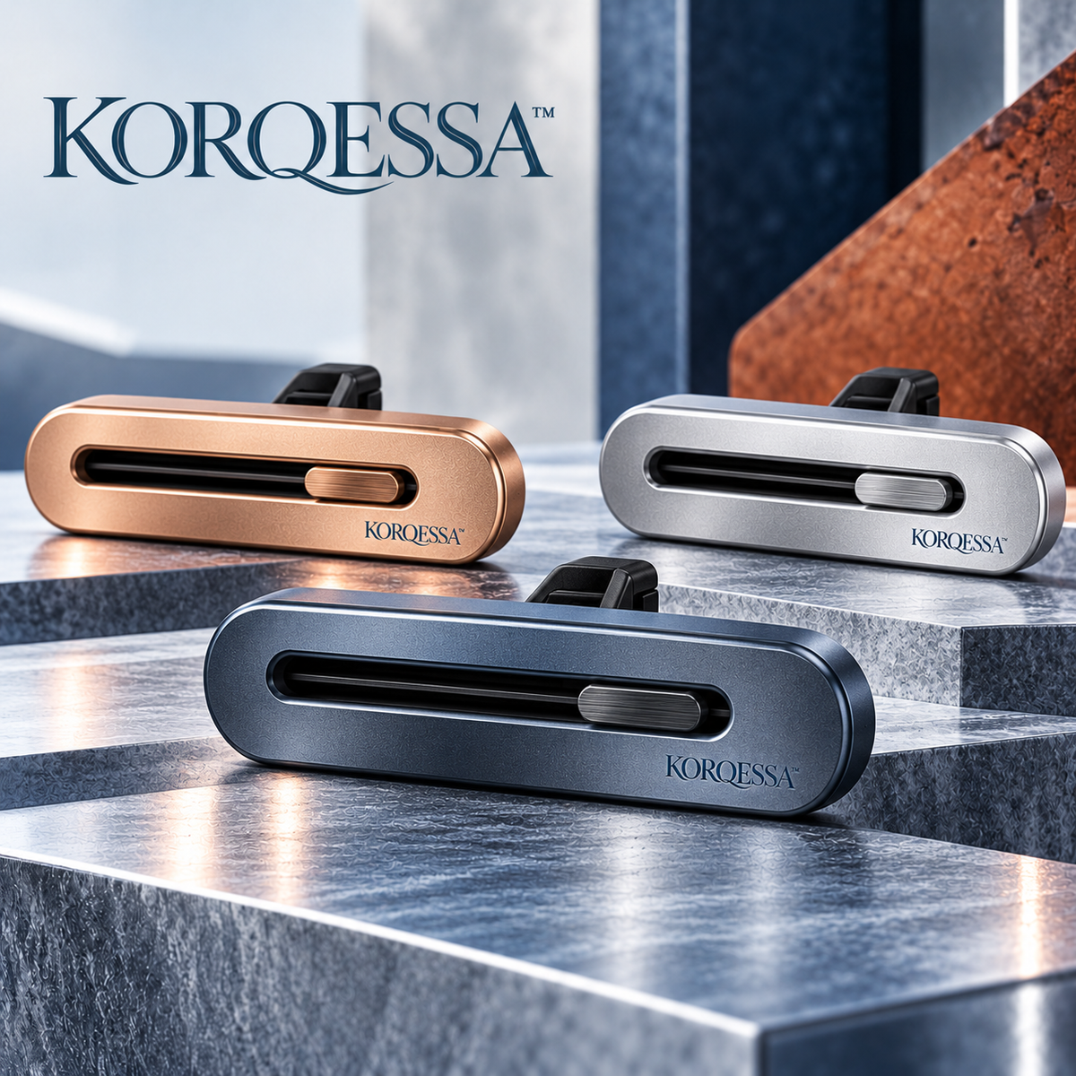 KORQESSA™ Veyrin Car Vent Air Freshener — Slim Metal Bar Fragrance Diffuser with Sliding Scent Cover and Refillable Insert Holder
