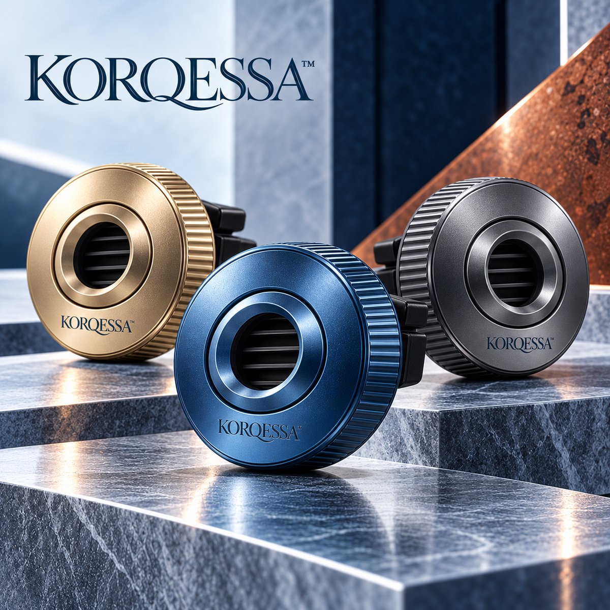 KORQESSA™ Rellor Car Air Freshener Vent Clip — Fluted Round Metal Fragrance Holder with Adjustable Aperture and Replaceable Inserts