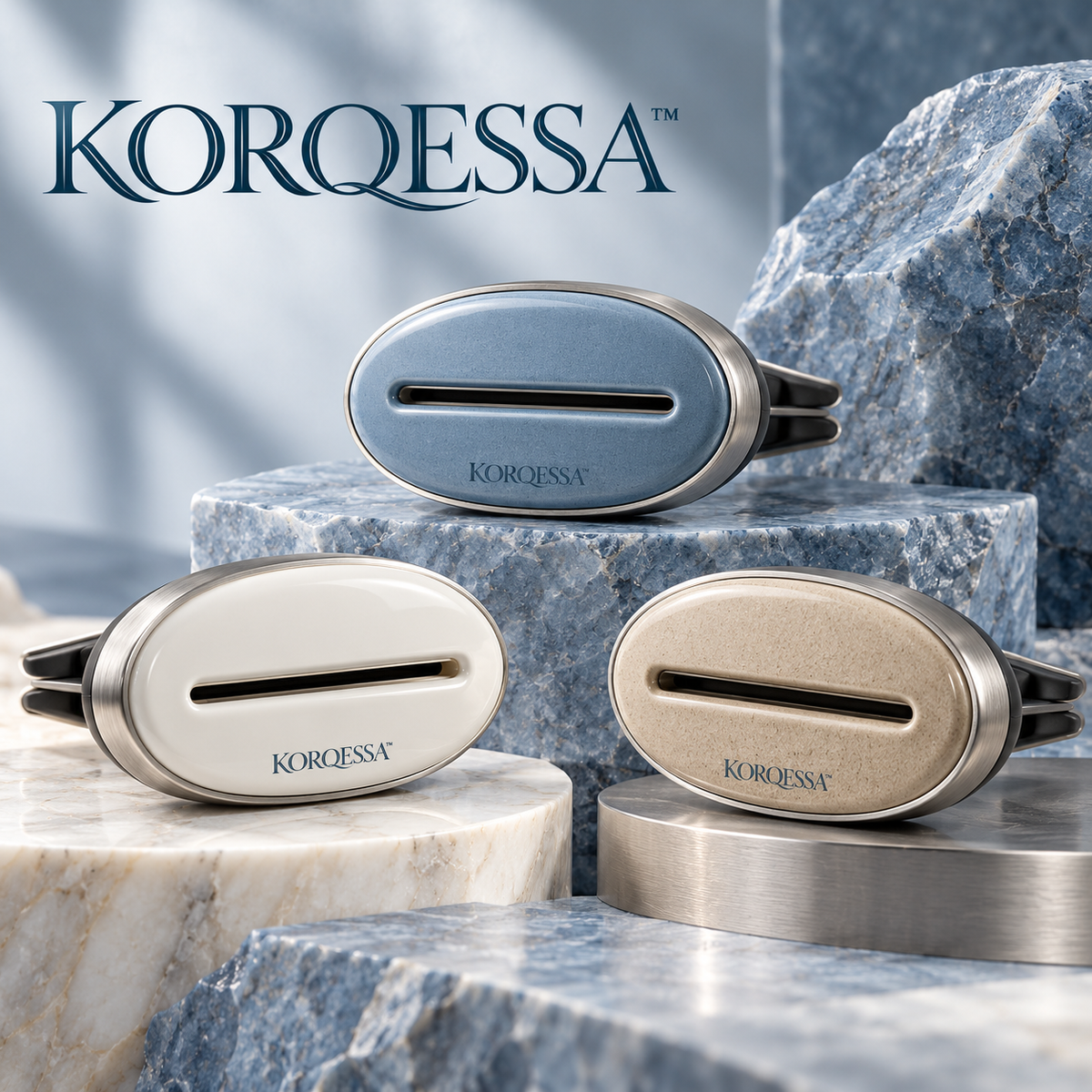 KORQESSA™ Selvara Ceramic Accent Car Vent Diffuser — Oval Air Freshener Clip with Matte Ceramic Face and Replaceable Fragrance Inserts