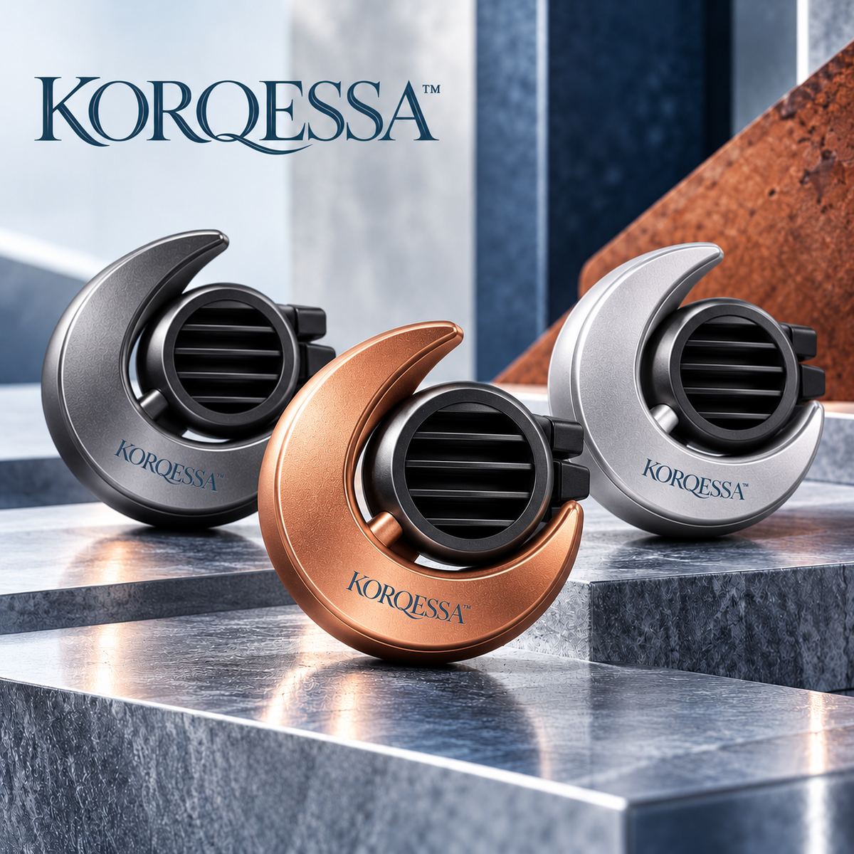 KORQESSA™ Tavren Car Vent Fragrance Diffuser — Crescent Metal Air Freshener Clip with Replaceable Solid Scent Inserts