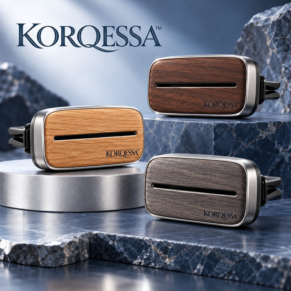 KORQESSA™ Auvrel Wood Accent Car Air Freshener — Metal Vent Clip Fragrance Diffuser with Walnut Face and Replaceable Scent Inserts