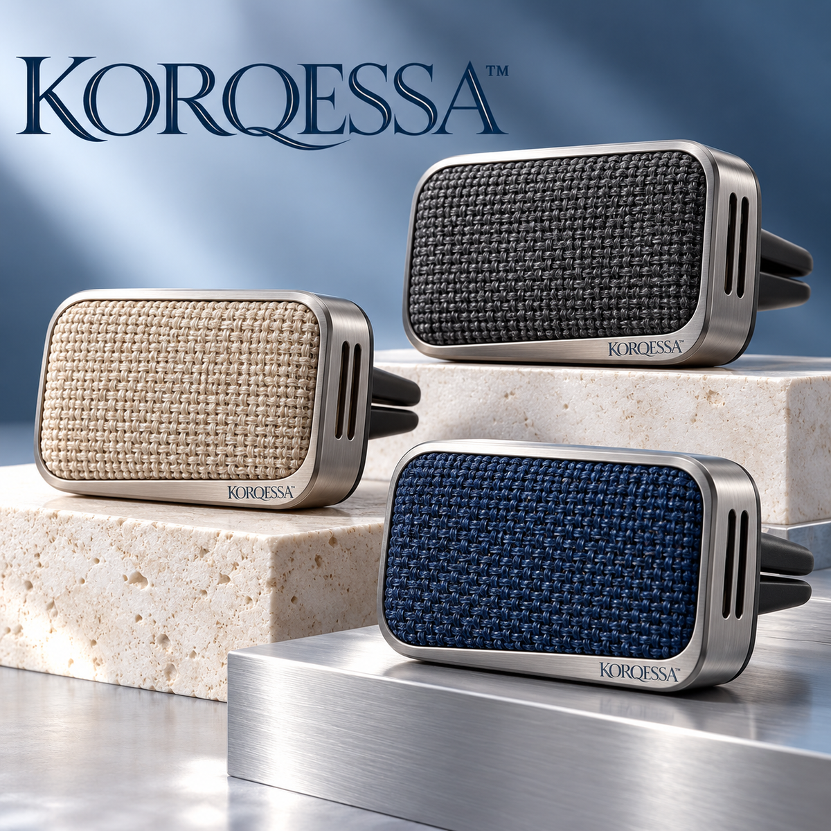 KORQESSA™ Norell Car Fragrance Vent Clip — Woven Accent Metal Air Freshener Holder with Replaceable Solid Scent Inserts