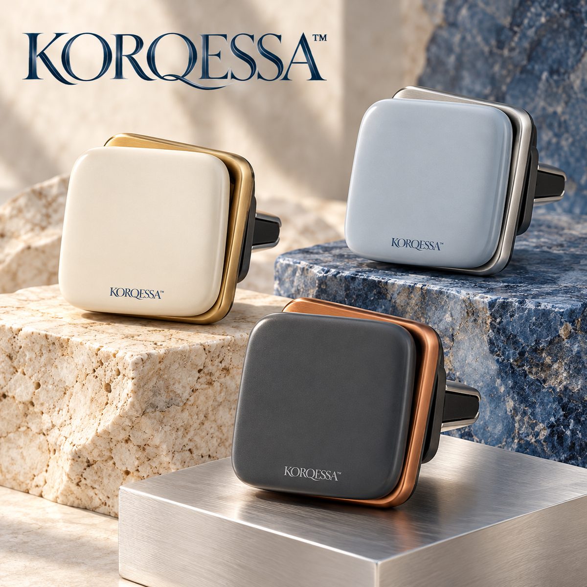 KORQESSA™ Elvane Car Vent Fragrance Diffuser — Layered Metal and Ceramic Air Freshener Clip with Replaceable Solid Inserts