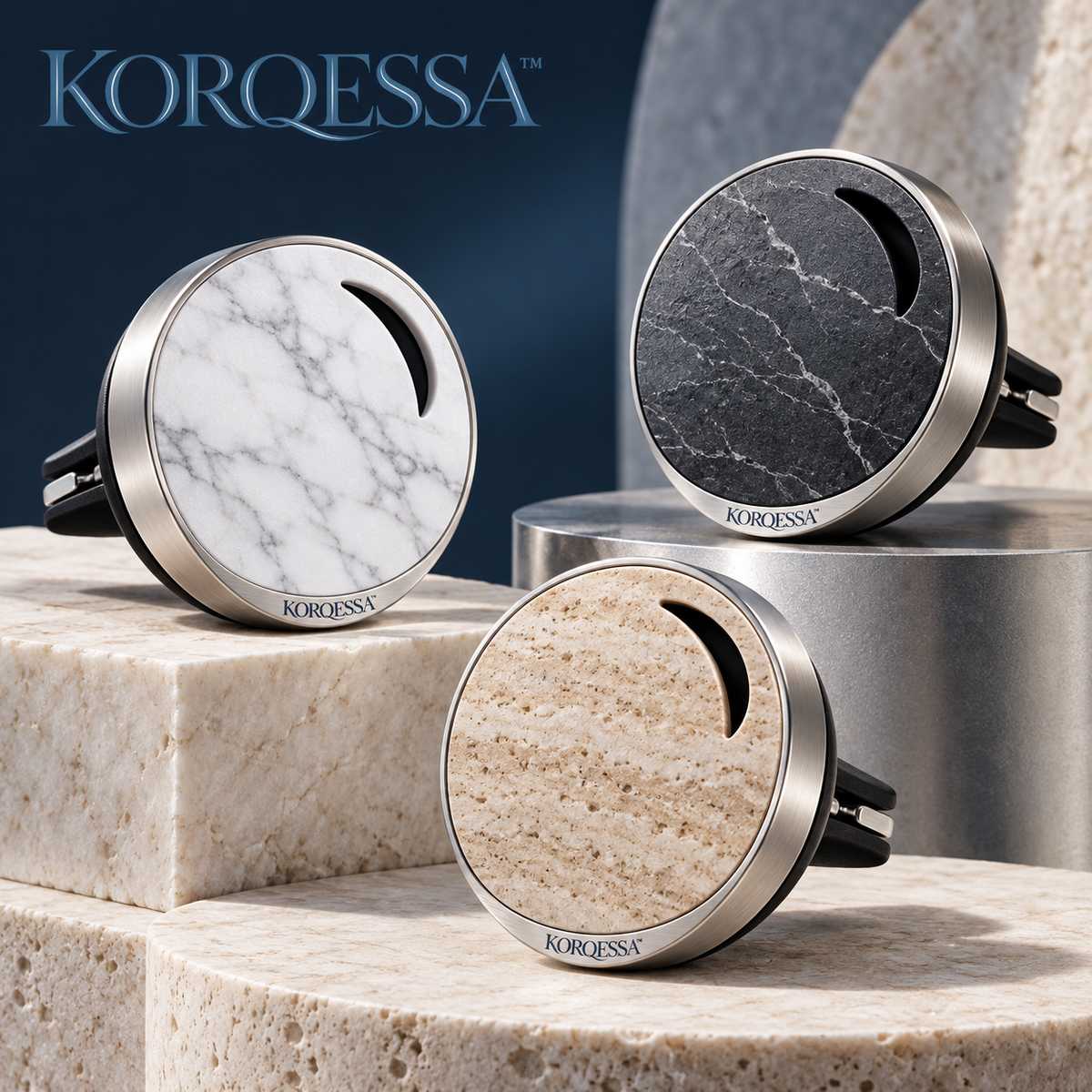 KORQESSA™ Mavren Car Air Freshener Vent Clip — Stone-Look Round Fragrance Diffuser with Metal Frame and Replaceable Scent Inserts