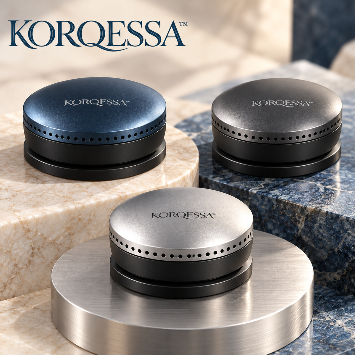 KORQESSA™ Odrin Car Fragrance Pod — Low-Profile Metal Air Freshener with Docking Base and Replaceable Solid Scent Inserts