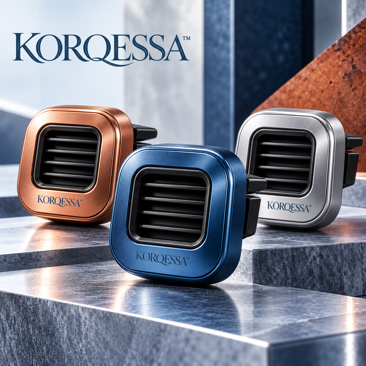 KORQESSA™ Caldris Car Air Freshener Clip — Rounded Square Metal Vent Diffuser with Layered Frame and Replaceable Fragrance Inserts