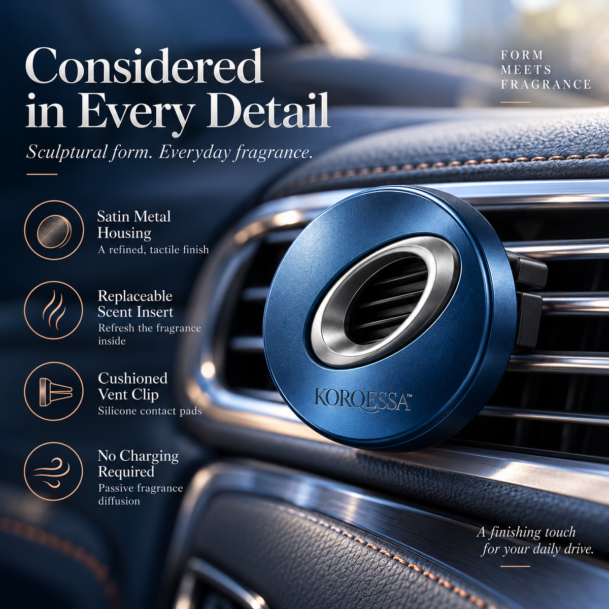KORQESSA™ Orven Car Air Freshener Vent Clip — Sculptural Metal Fragrance Diffuser with Replaceable Solid Scent Inserts