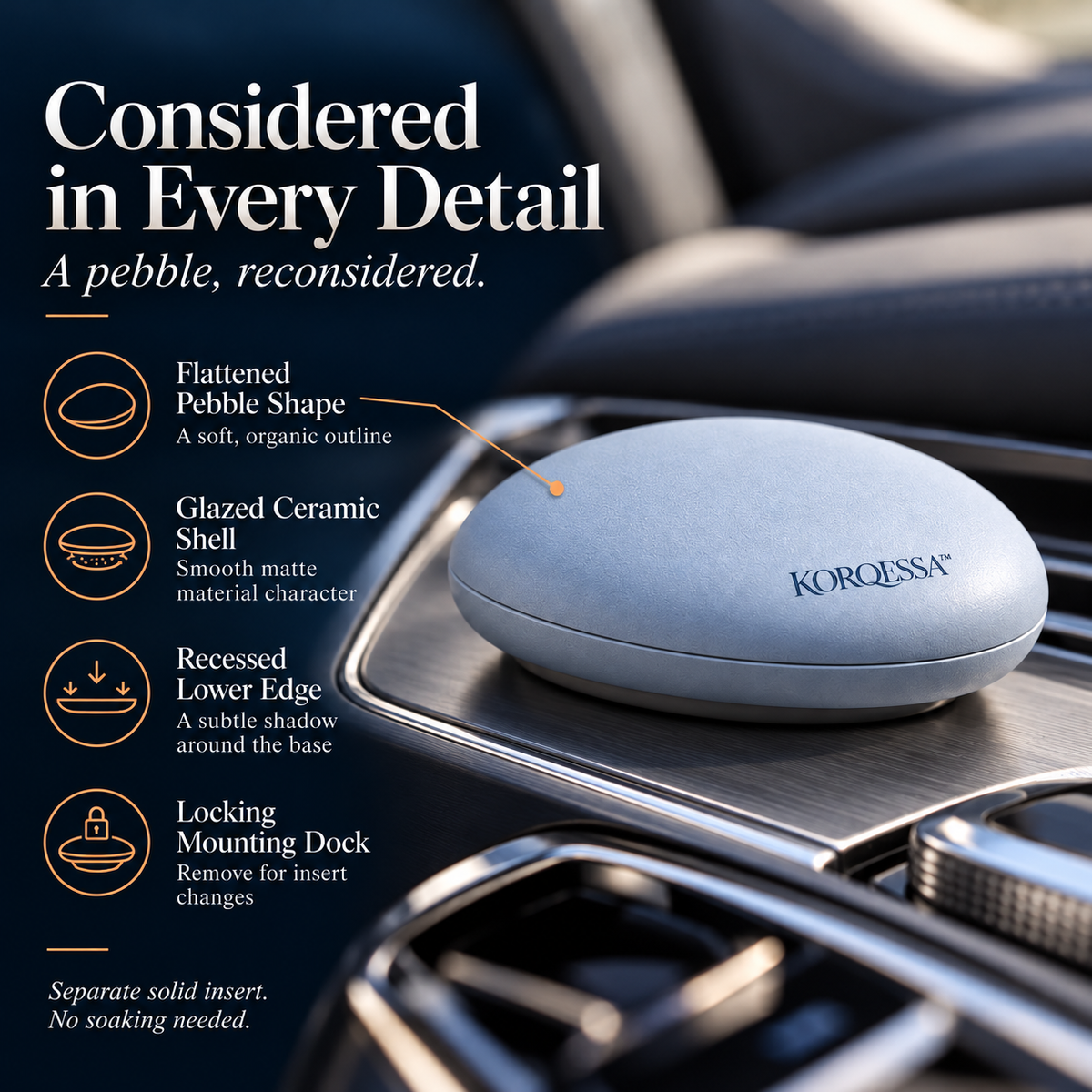 KORQESSA™ Liorven Ceramic Car Air Freshener — Pebble-Shaped Fragrance Object with Locking Dock and Replaceable Solid Inserts