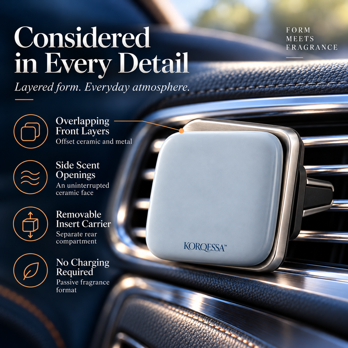 KORQESSA™ Elvane Car Vent Fragrance Diffuser — Layered Metal and Ceramic Air Freshener Clip with Replaceable Solid Inserts