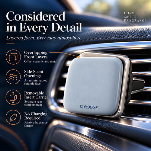 KORQESSA™ Elvane Car Vent Fragrance Diffuser — Layered Metal and Ceramic Air Freshener Clip with Replaceable Solid Inserts