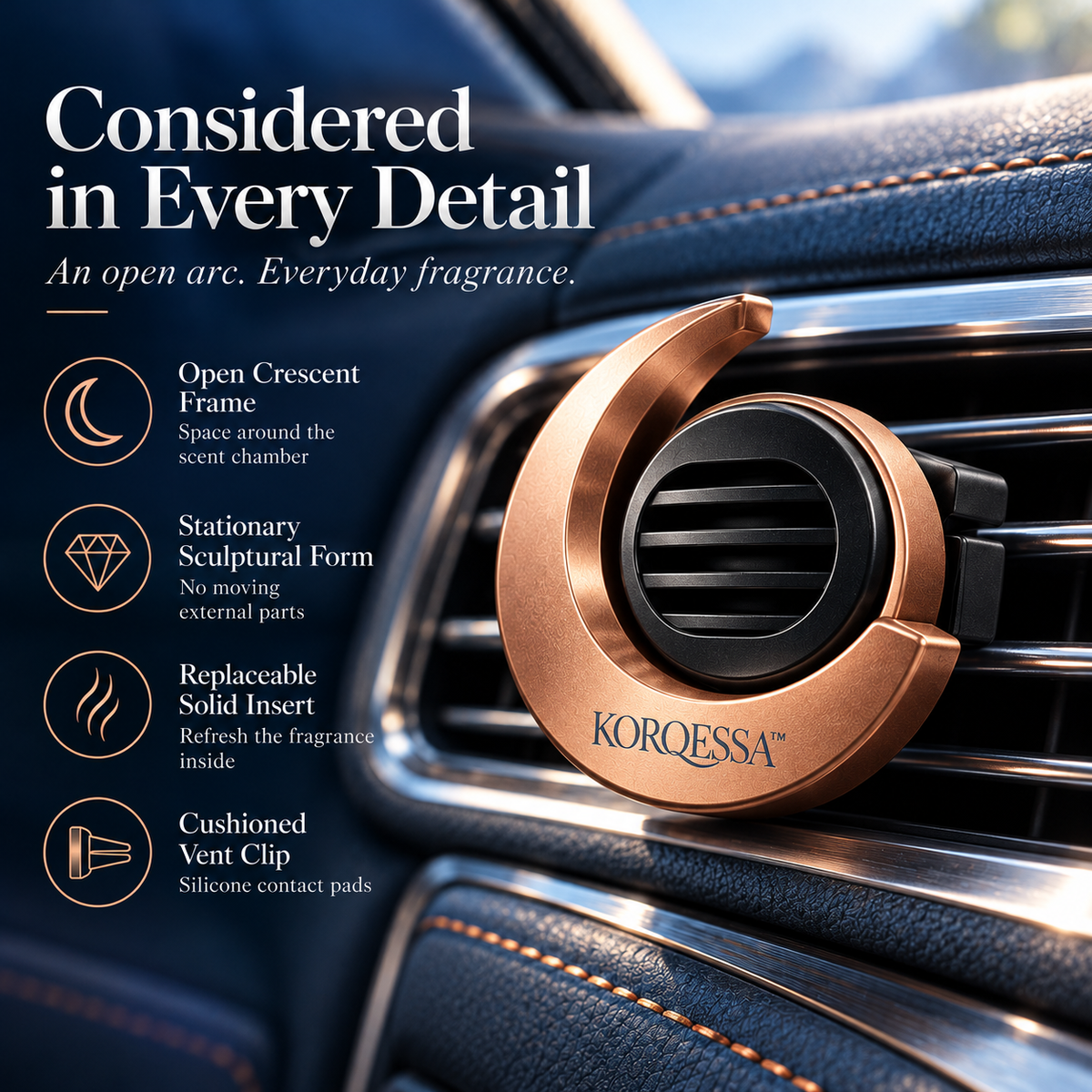 KORQESSA™ Tavren Car Vent Fragrance Diffuser — Crescent Metal Air Freshener Clip with Replaceable Solid Scent Inserts