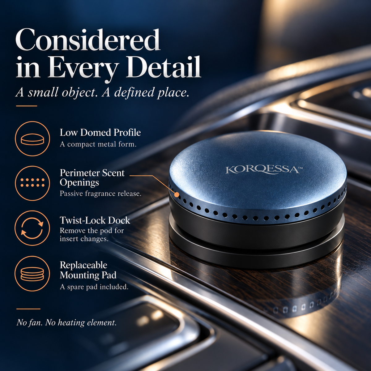 KORQESSA™ Odrin Car Fragrance Pod — Low-Profile Metal Air Freshener with Docking Base and Replaceable Solid Scent Inserts