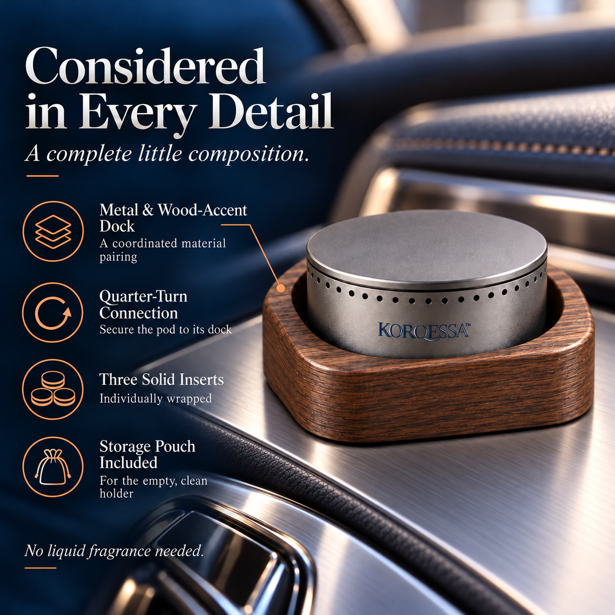 KORQESSA™ Sovrel Car Fragrance Set — Sculptural Metal Pod with Wood Accent Dock, Replaceable Scent Inserts and Storage Pouch