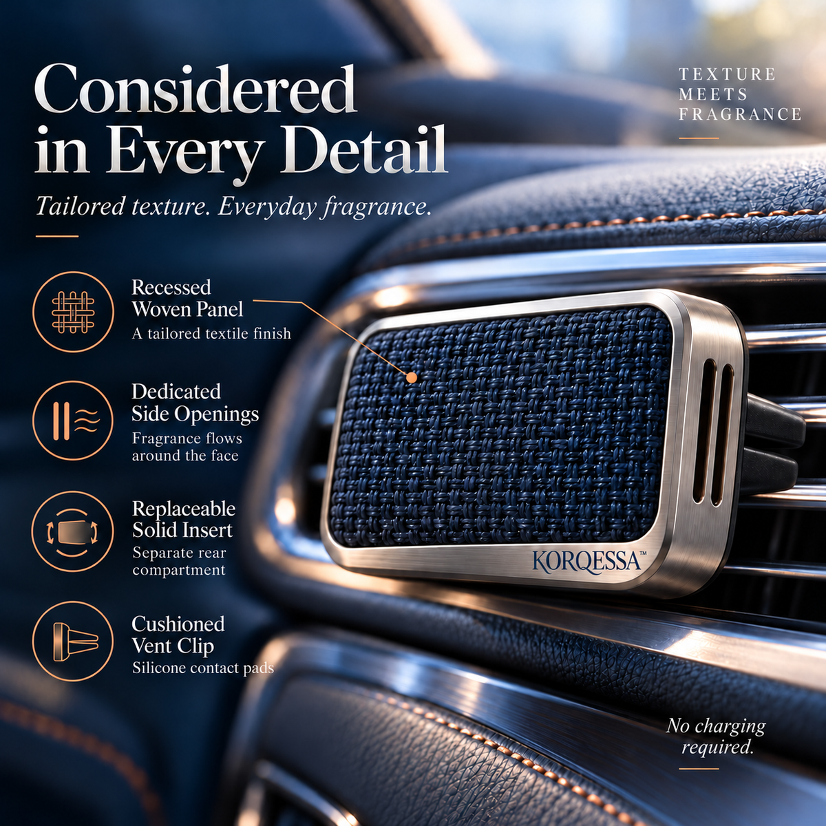 KORQESSA™ Norell Car Fragrance Vent Clip — Woven Accent Metal Air Freshener Holder with Replaceable Solid Scent Inserts