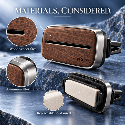 KORQESSA™ Auvrel Wood Accent Car Air Freshener — Metal Vent Clip Fragrance Diffuser with Walnut Face and Replaceable Scent Inserts