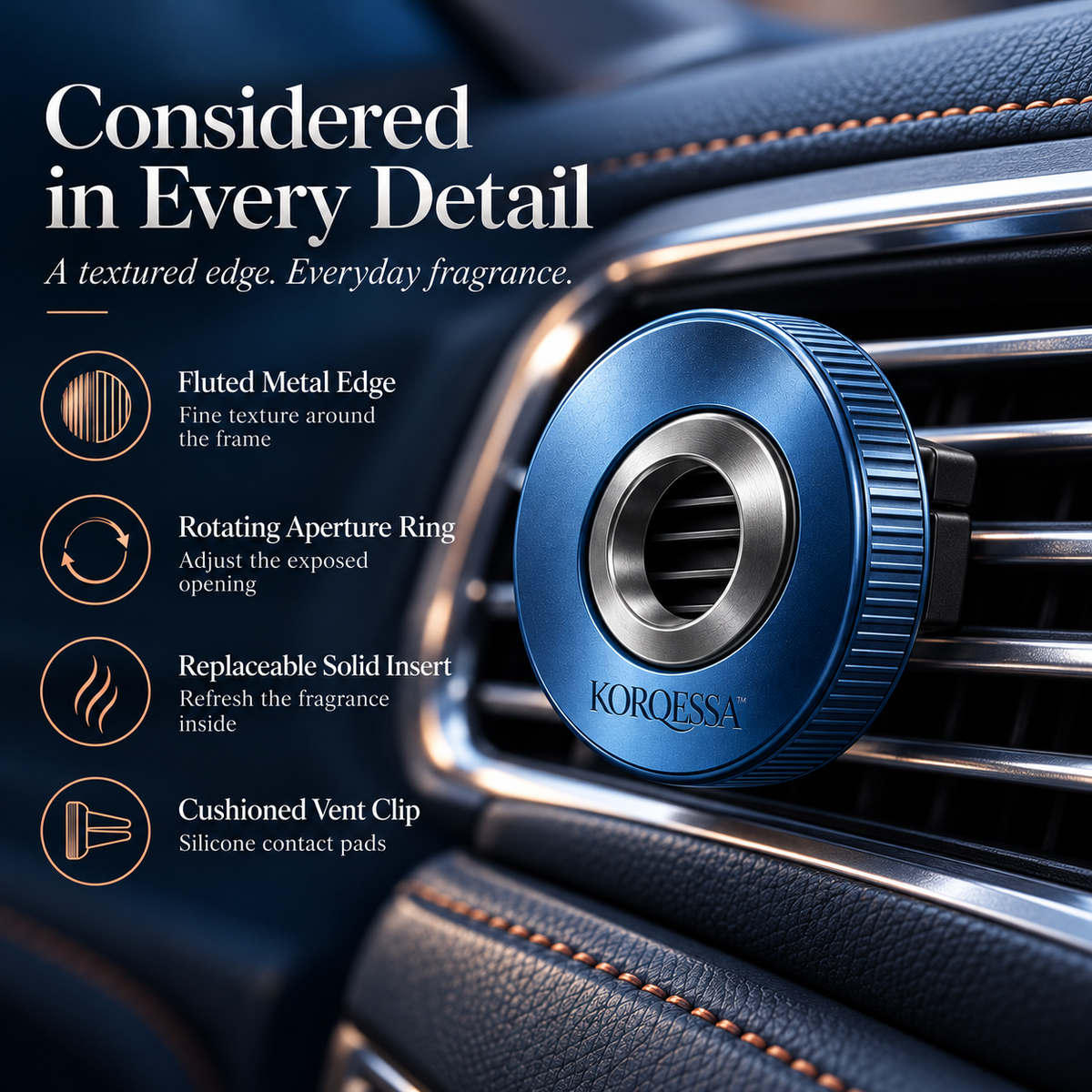 KORQESSA™ Rellor Car Air Freshener Vent Clip — Fluted Round Metal Fragrance Holder with Adjustable Aperture and Replaceable Inserts