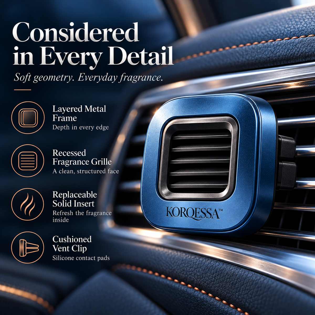 KORQESSA™ Caldris Car Air Freshener Clip — Rounded Square Metal Vent Diffuser with Layered Frame and Replaceable Fragrance Inserts