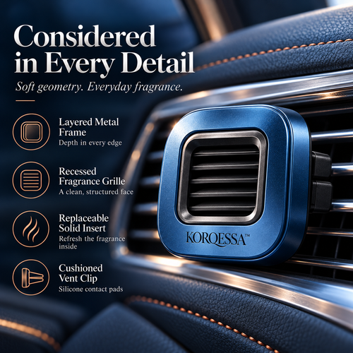 KORQESSA™ Caldris Car Air Freshener Clip — Rounded Square Metal Vent Diffuser with Layered Frame and Replaceable Fragrance Inserts
