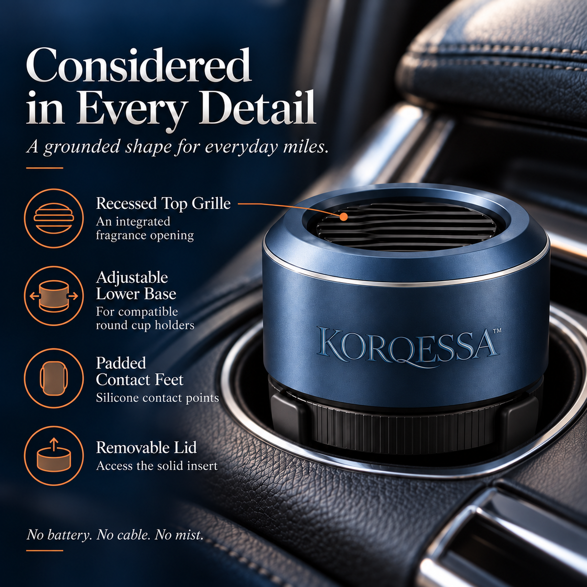 KORQESSA™ Vaelor Car Cup Holder Air Freshener — Sculptural Fragrance Pod with Adjustable Base and Replaceable Solid Scent Inserts