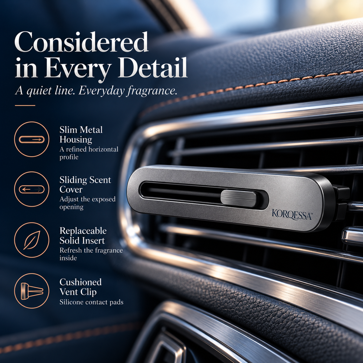 KORQESSA™ Veyrin Car Vent Air Freshener — Slim Metal Bar Fragrance Diffuser with Sliding Scent Cover and Refillable Insert Holder