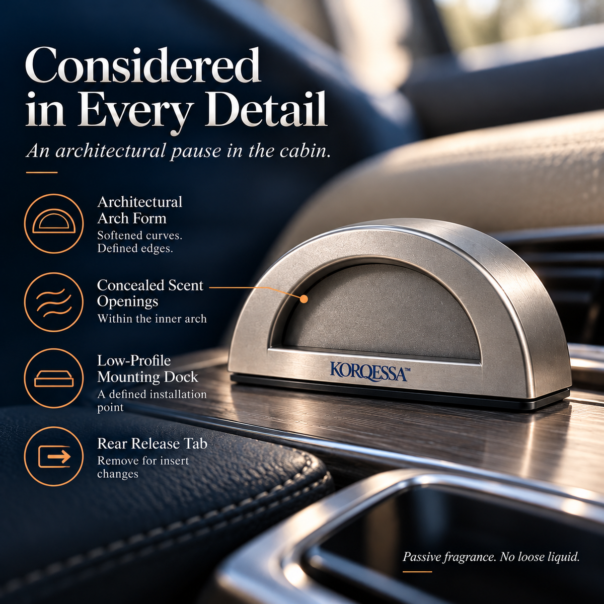 KORQESSA™ Cevran Car Fragrance Object — Arched Metal Air Freshener with Secured Console Base and Replaceable Scent Inserts