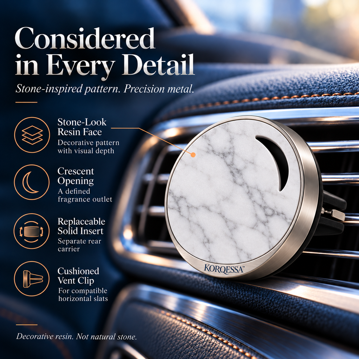 KORQESSA™ Mavren Car Air Freshener Vent Clip — Stone-Look Round Fragrance Diffuser with Metal Frame and Replaceable Scent Inserts