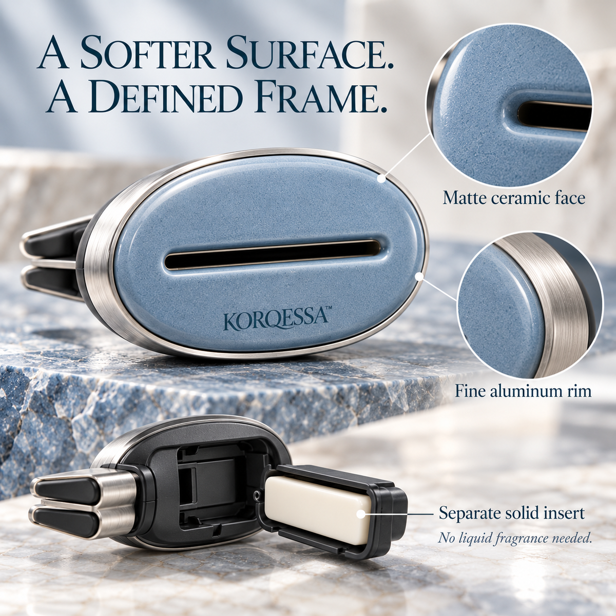 KORQESSA™ Selvara Ceramic Accent Car Vent Diffuser — Oval Air Freshener Clip with Matte Ceramic Face and Replaceable Fragrance Inserts