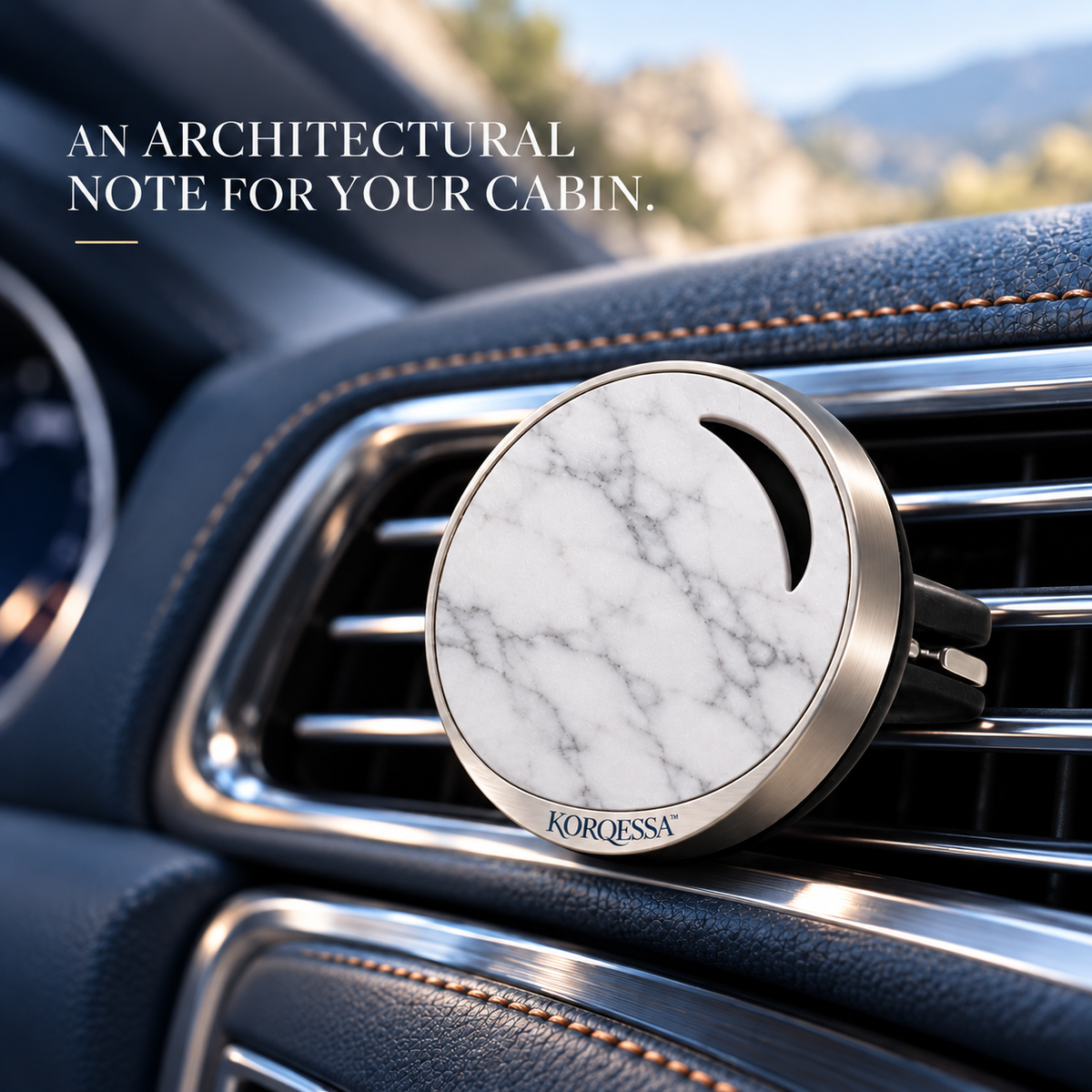 KORQESSA™ Mavren Car Air Freshener Vent Clip — Stone-Look Round Fragrance Diffuser with Metal Frame and Replaceable Scent Inserts