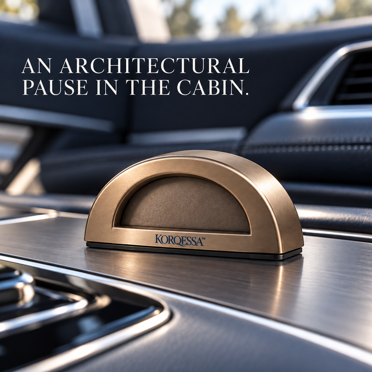 KORQESSA™ Cevran Car Fragrance Object — Arched Metal Air Freshener with Secured Console Base and Replaceable Scent Inserts