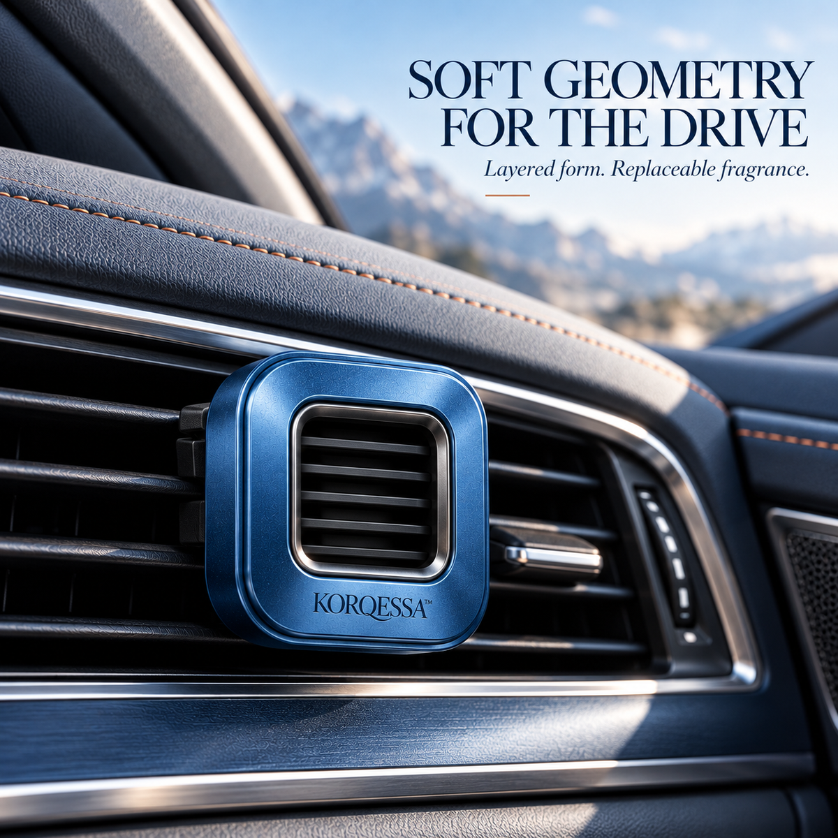 KORQESSA™ Caldris Car Air Freshener Clip — Rounded Square Metal Vent Diffuser with Layered Frame and Replaceable Fragrance Inserts