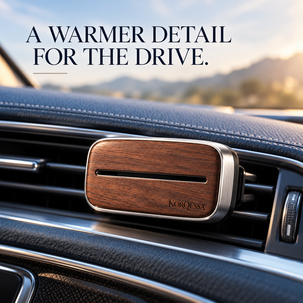 KORQESSA™ Auvrel Wood Accent Car Air Freshener — Metal Vent Clip Fragrance Diffuser with Walnut Face and Replaceable Scent Inserts