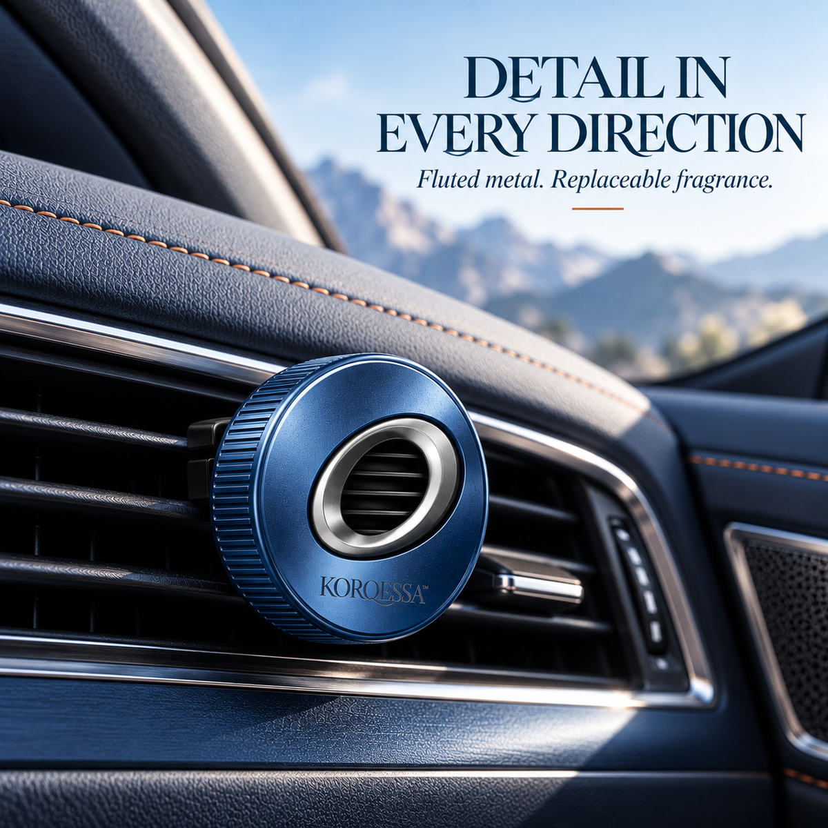 KORQESSA™ Rellor Car Air Freshener Vent Clip — Fluted Round Metal Fragrance Holder with Adjustable Aperture and Replaceable Inserts
