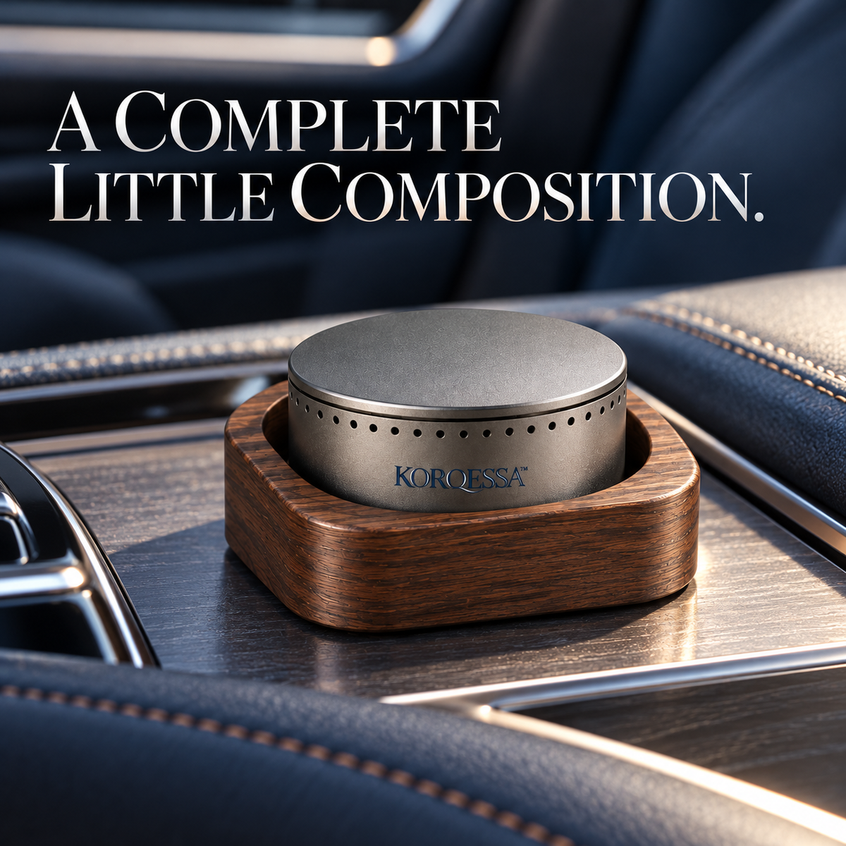 KORQESSA™ Sovrel Car Fragrance Set — Sculptural Metal Pod with Wood Accent Dock, Replaceable Scent Inserts and Storage Pouch