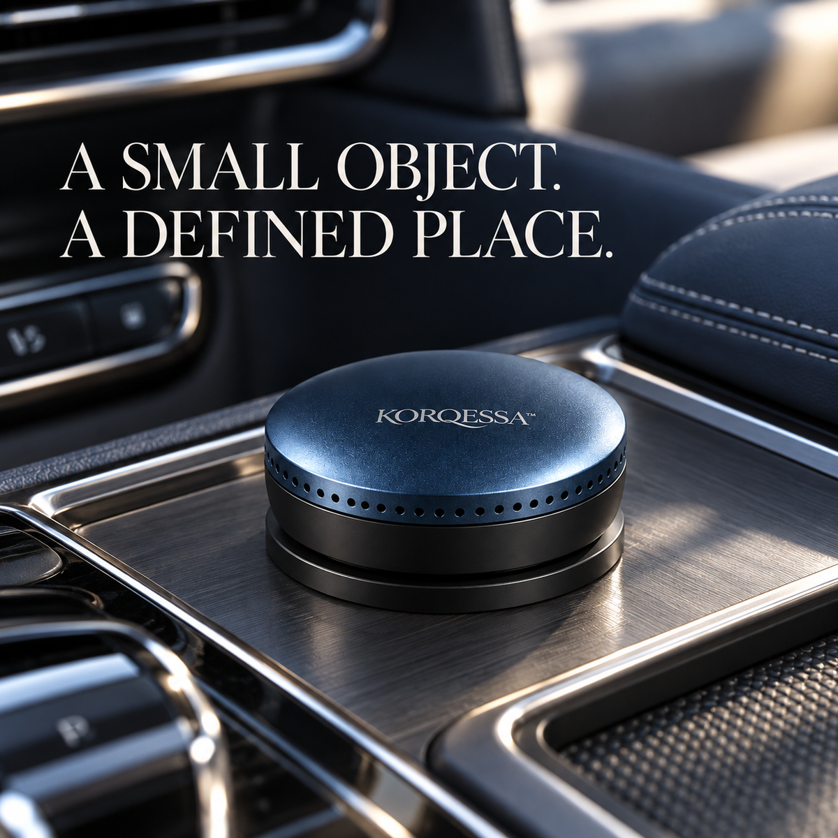 KORQESSA™ Odrin Car Fragrance Pod — Low-Profile Metal Air Freshener with Docking Base and Replaceable Solid Scent Inserts