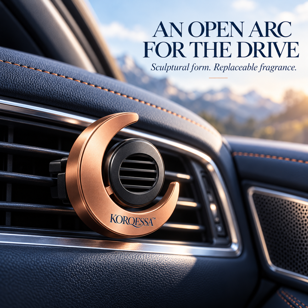 KORQESSA™ Tavren Car Vent Fragrance Diffuser — Crescent Metal Air Freshener Clip with Replaceable Solid Scent Inserts