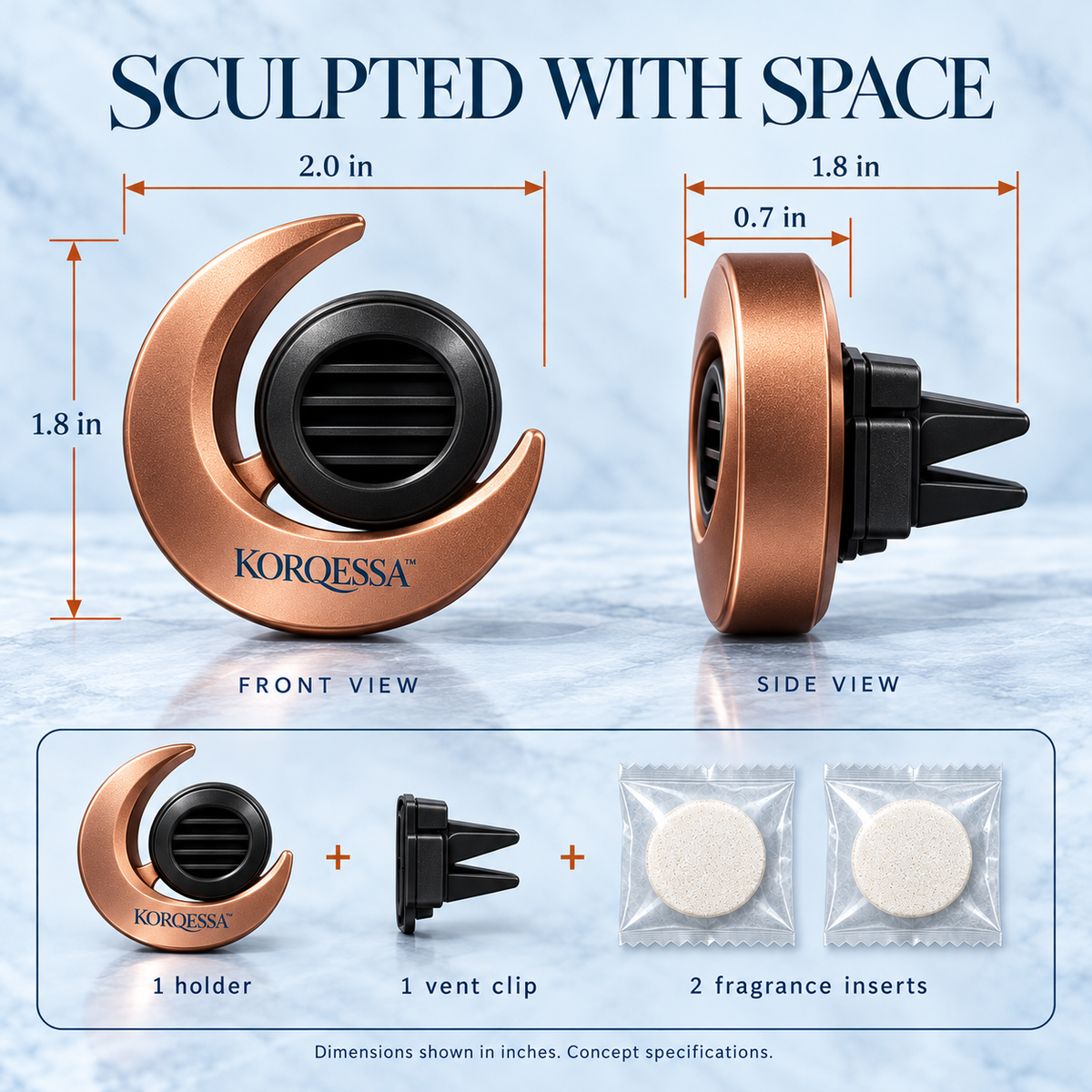 KORQESSA™ Tavren Car Vent Fragrance Diffuser — Crescent Metal Air Freshener Clip with Replaceable Solid Scent Inserts