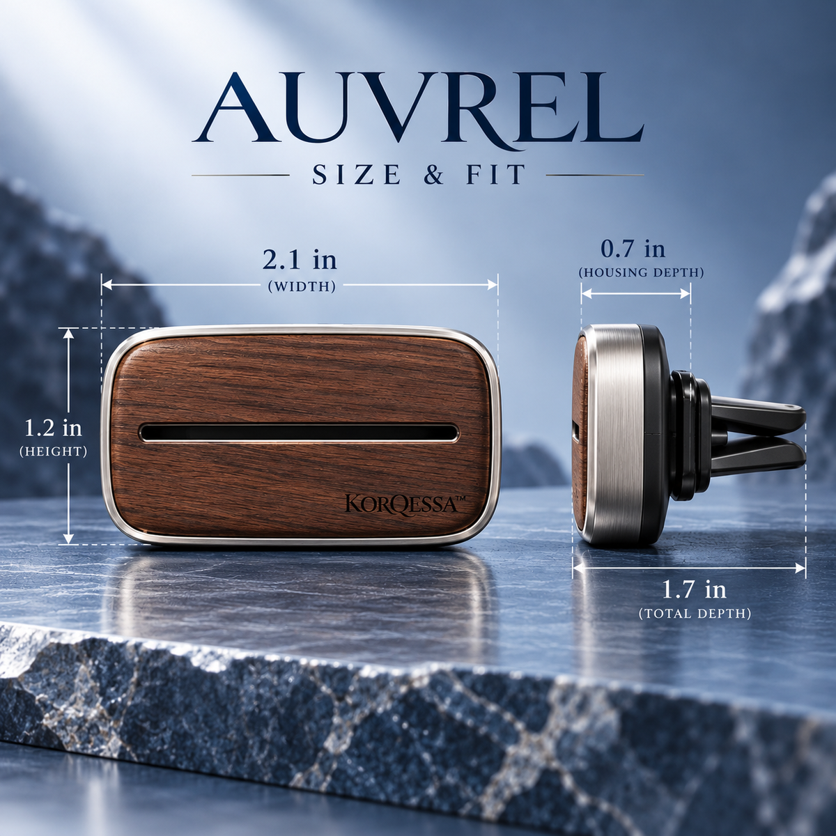 KORQESSA™ Auvrel Wood Accent Car Air Freshener — Metal Vent Clip Fragrance Diffuser with Walnut Face and Replaceable Scent Inserts