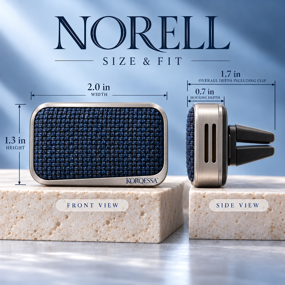 KORQESSA™ Norell Car Fragrance Vent Clip — Woven Accent Metal Air Freshener Holder with Replaceable Solid Scent Inserts