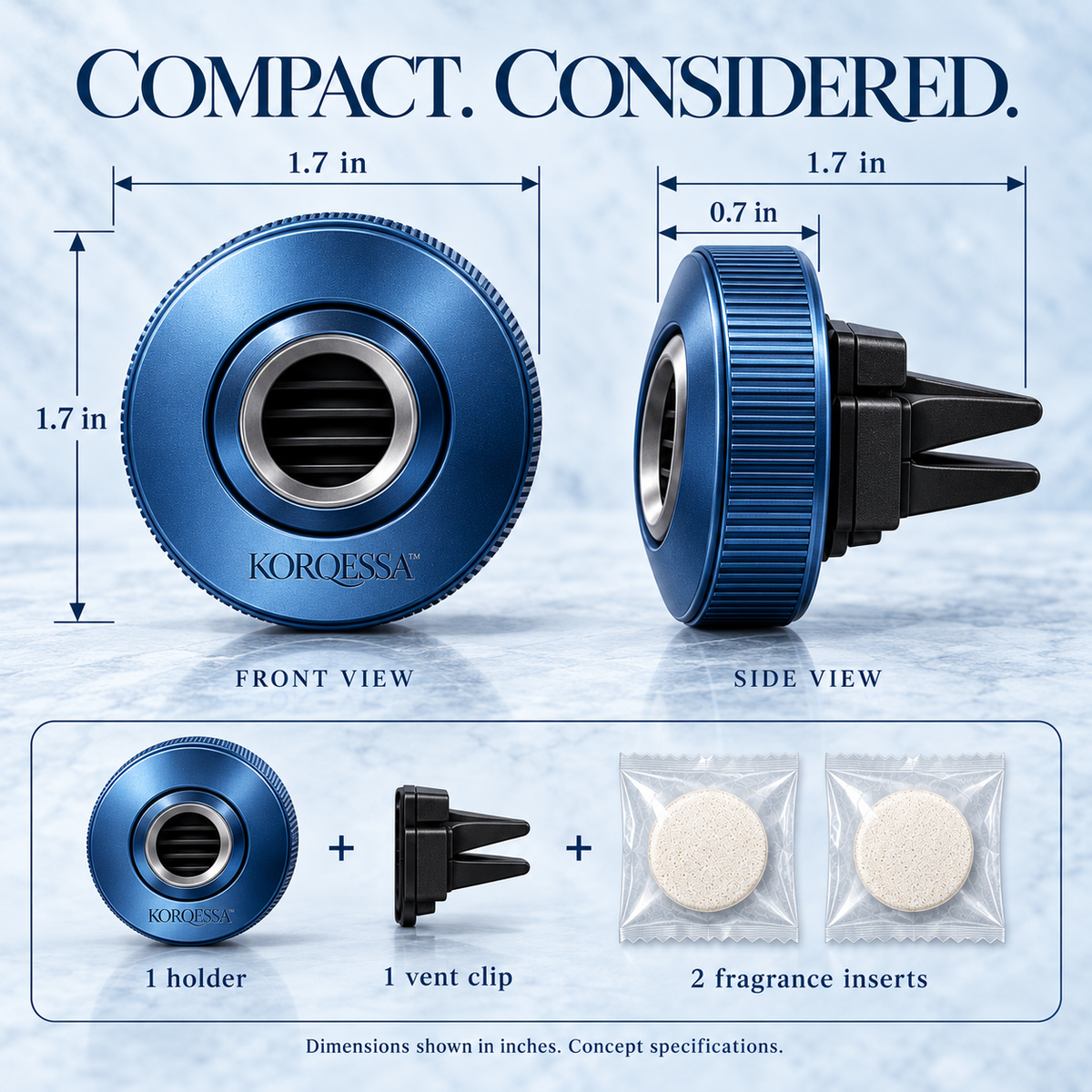 KORQESSA™ Rellor Car Air Freshener Vent Clip — Fluted Round Metal Fragrance Holder with Adjustable Aperture and Replaceable Inserts
