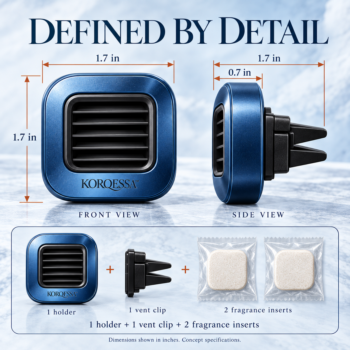 KORQESSA™ Caldris Car Air Freshener Clip — Rounded Square Metal Vent Diffuser with Layered Frame and Replaceable Fragrance Inserts