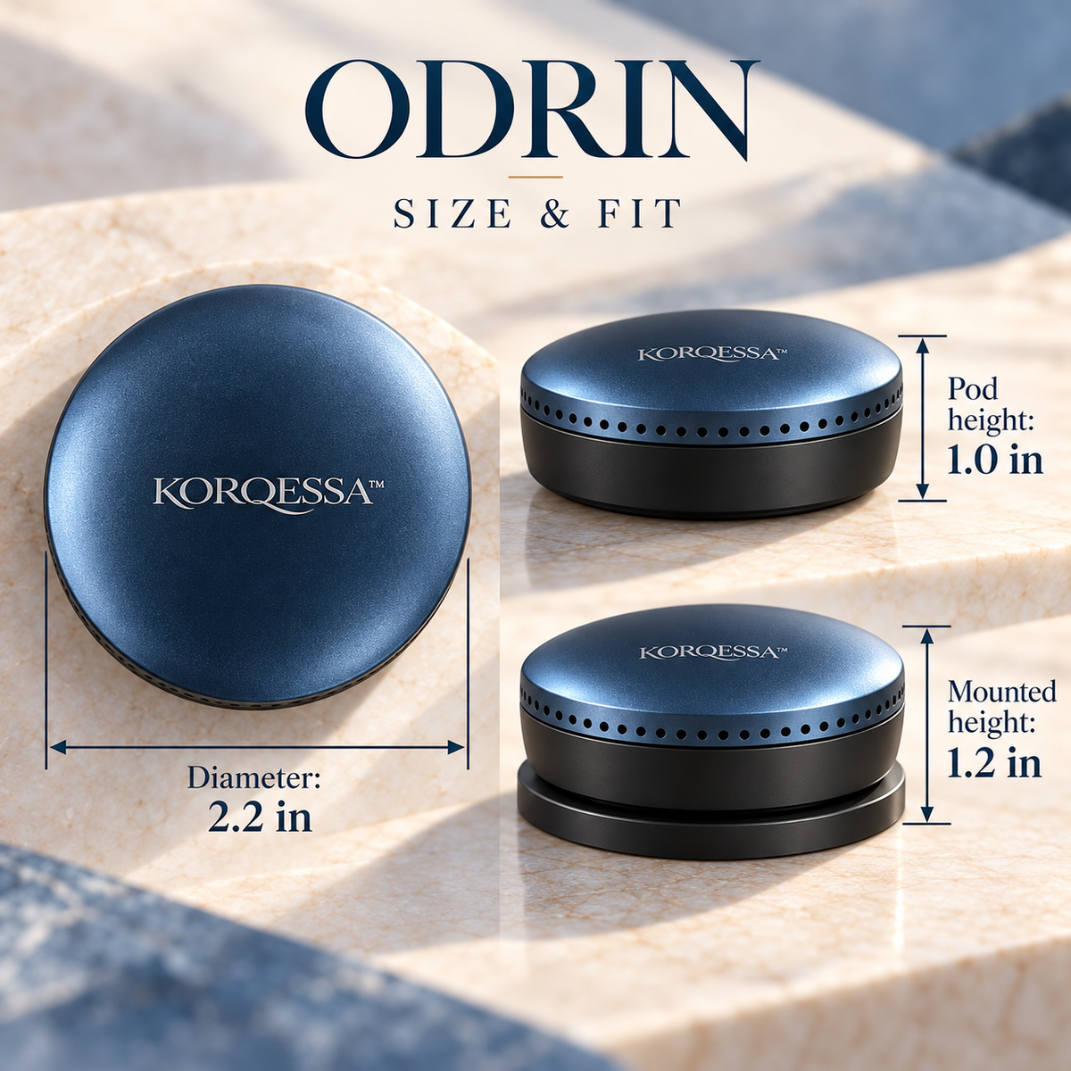 KORQESSA™ Odrin Car Fragrance Pod — Low-Profile Metal Air Freshener with Docking Base and Replaceable Solid Scent Inserts