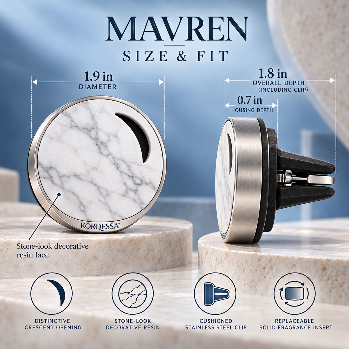 KORQESSA™ Mavren Car Air Freshener Vent Clip — Stone-Look Round Fragrance Diffuser with Metal Frame and Replaceable Scent Inserts