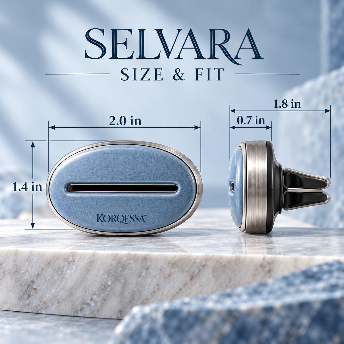 KORQESSA™ Selvara Ceramic Accent Car Vent Diffuser — Oval Air Freshener Clip with Matte Ceramic Face and Replaceable Fragrance Inserts